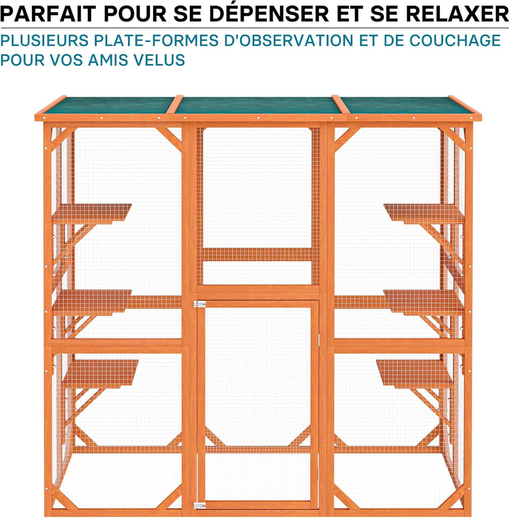 Wiltec Enclos extérieur – 168 x 82 x 166,5 cm – en Bois de Sapin et avec Grillage – Parc pour Chat résistant aux intempéries – avec 6 Zones de Repos – Félins