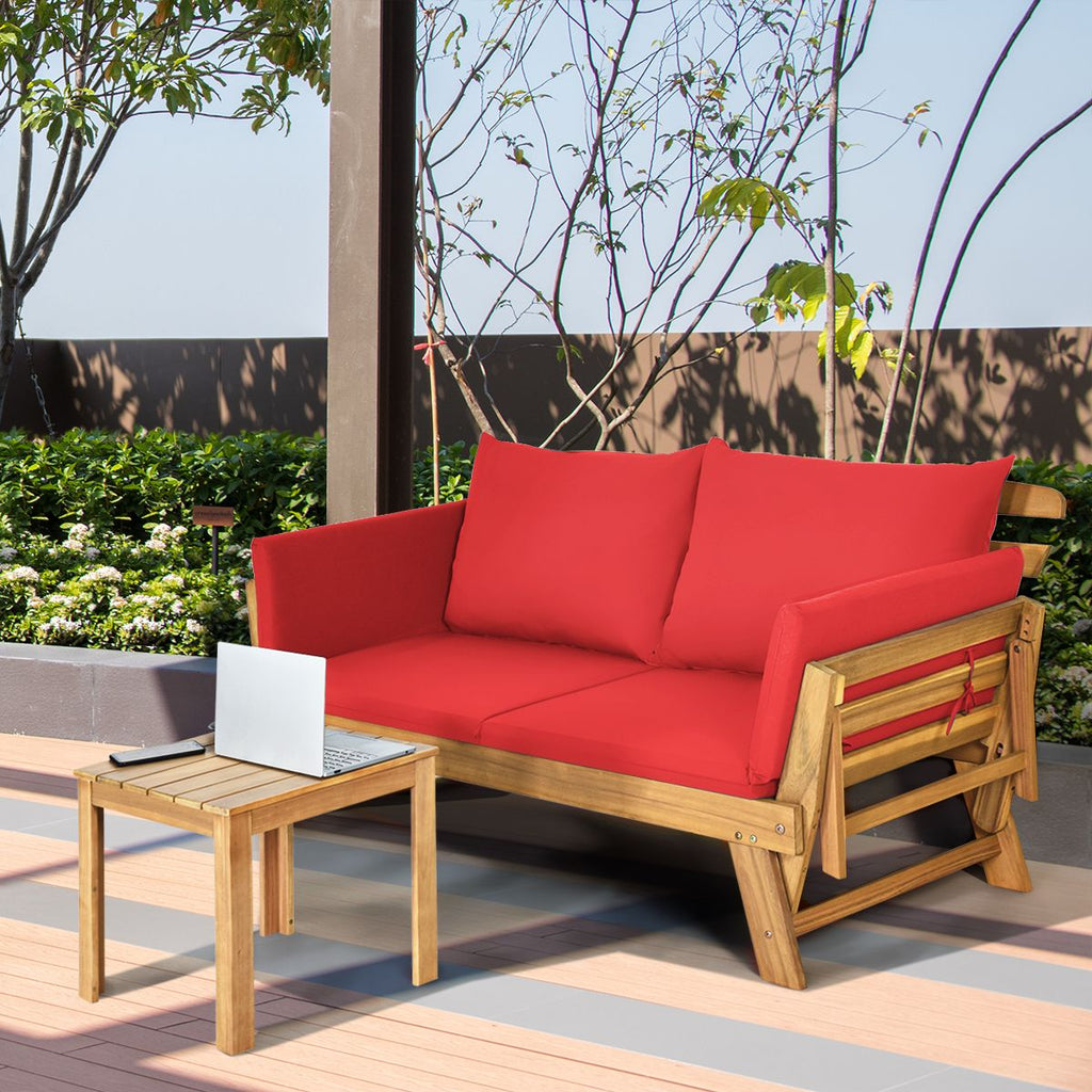 Chaise Longue Convertible avec Coussin Canapé de Jardin 2 en 1 en Bois d’Acacia avec Accoudoir Réglable pour Patio Piscine Jardin Blanc/Gris/Bleu/Rouge -