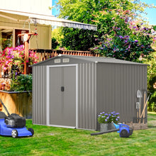 Load image into Gallery viewer, Abri de Jardin Métal Extérieur 9.74m³ Acier Galvanisé avec Fondation 4 Persiennes Double Porte et Rampe 260 x 207 x 181 cm Gris Foncé/Gris Clair -