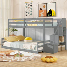 Load image into Gallery viewer, Twin Over Full Bunk Bed with Storage Stairs, Solid Wood Floor Bunk Bed with Full-Length Guardrails, Low Bunk Bed with for Kids Teens Adults