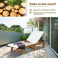 Load image into Gallery viewer, Chaise Longue Pliable en Bois avec 2 Roues et un Coussin Amovible Dossier Rglable Capacit Portante 160KG Idal pour L檈xtrieur -