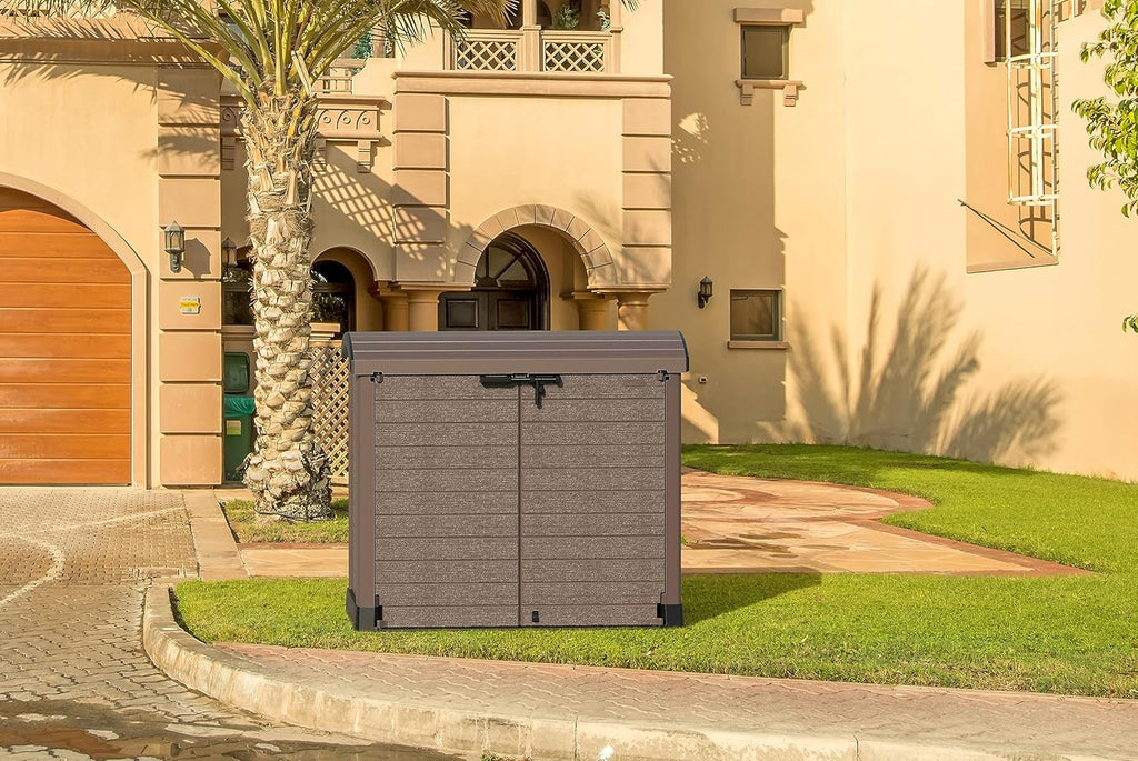 Duramax StoreAway 1200L Plastic Garden Shed/ Flat Lid,Outdoor Storage Shed,Wheelie Bin Hideaways,Wheelie bin box,Durable Construction,Ideal for Bikes,BBQs & 2x 240L Bins,145x85x125 cm,Brown