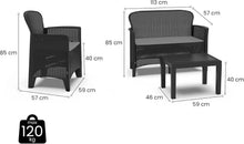 Load image into Gallery viewer, Dmora - Set salon d'extérieur Ostuni, Salon de jardin composé de 2 fauteuils, 1 canapé et 1 table basse, salon effet rotin avec coussins, 100% Made in Italy, Anthracite