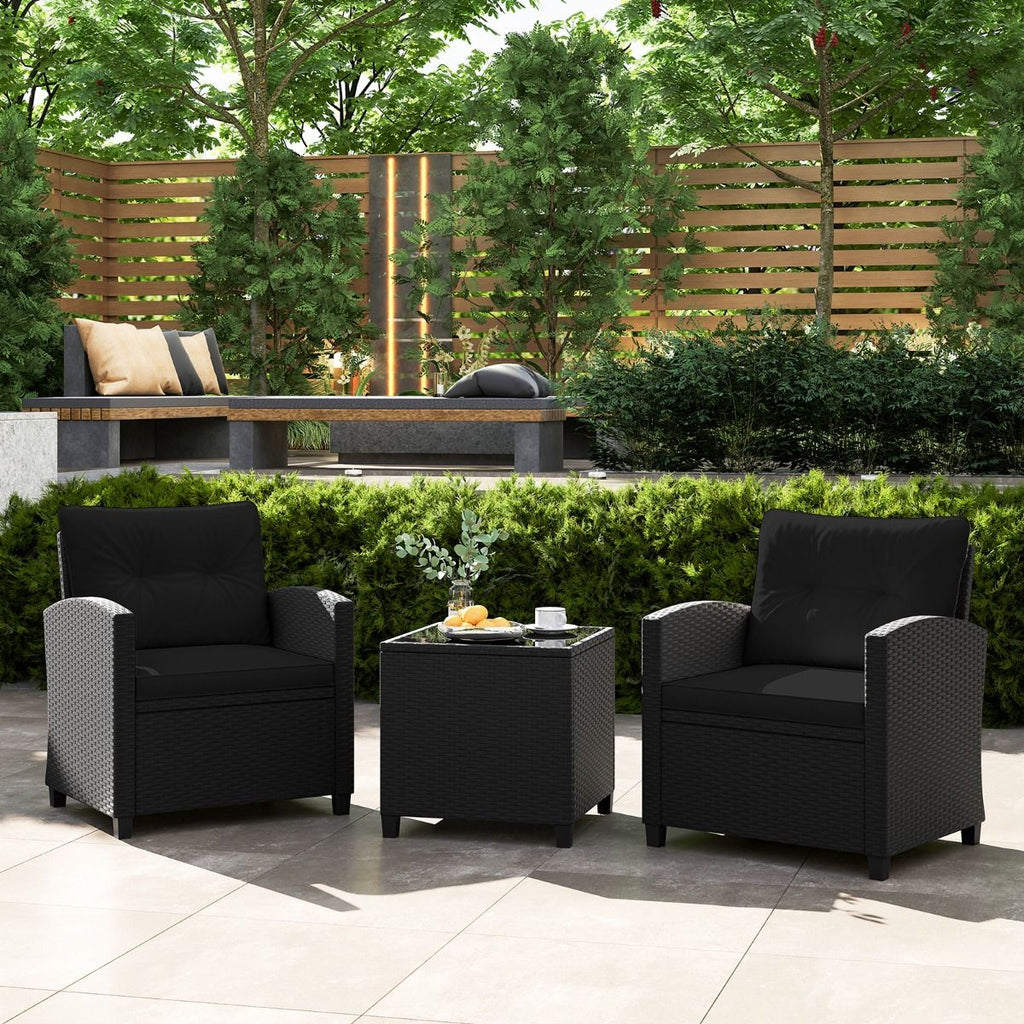 Ensemble de Meubles 3 Pièces de Patio en Rotin Charge 180KG Salon de Jardin 2 Fauteuils Table Basse avec Plateau Noir/Beige/Blanc -