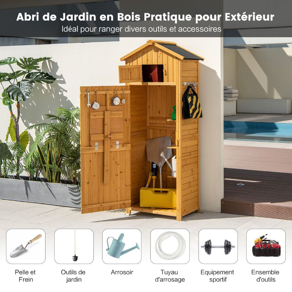 Armoire de Jardin en Bois Imperméable avec Toit Abri de Jardin avec Table Pliable Étagères et 8 Crochets 75x50x180,5CM -