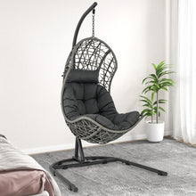 Load image into Gallery viewer, Chaise Oeuf en Rotin PE avec Support avec Oreiller et Coussin Chaise Suspendue avec Accessoires de Suspension Capacité 160 Kg Gris -