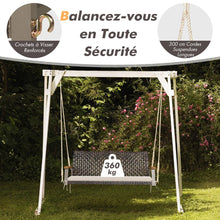 Load image into Gallery viewer, Banc Suspendu de Jardin en Rotin 2 Place Accoudoirs en Bois d'Acacia Cadre en Métal Coussin Cordes Crochets Blanc/Noir -