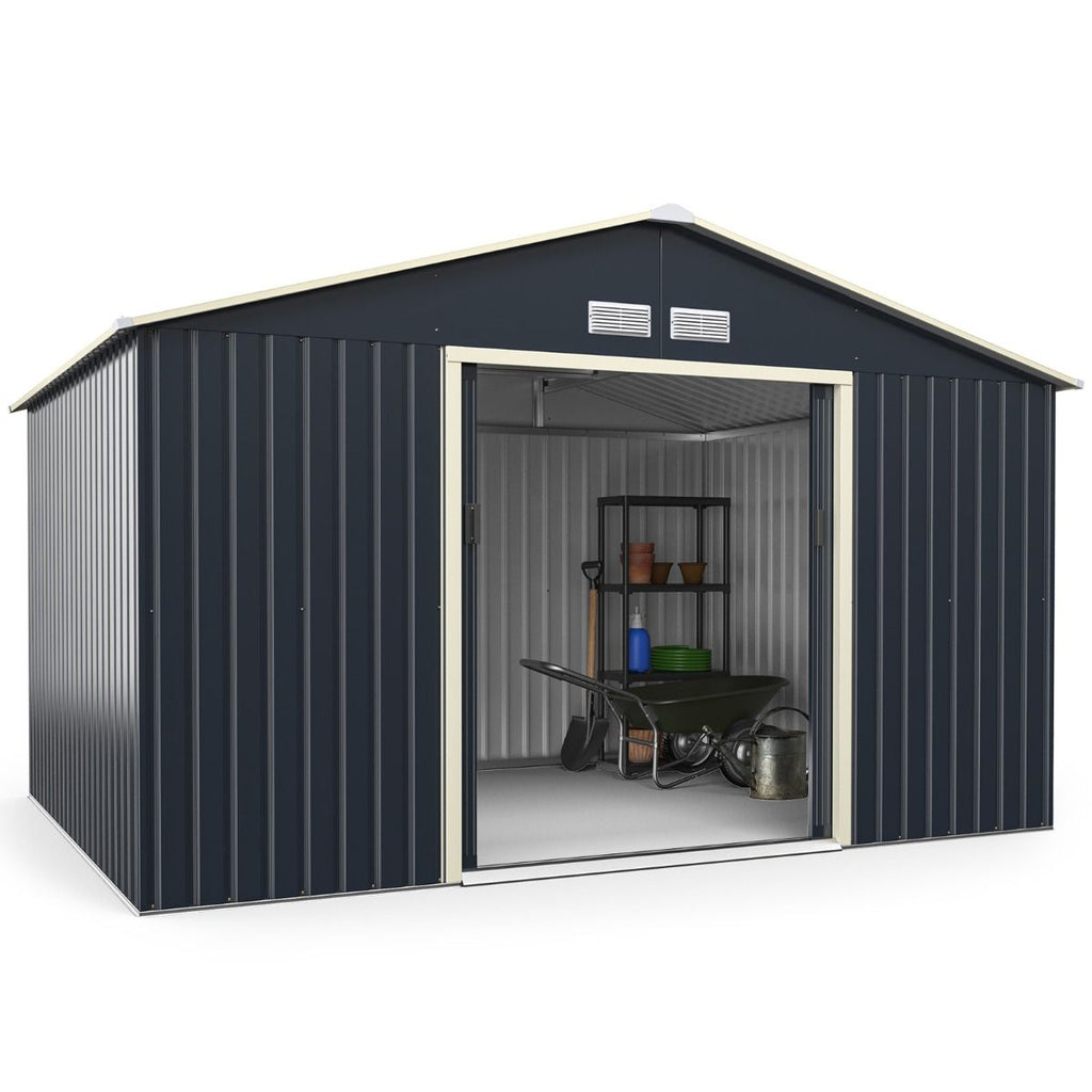 Abri de Jardin en Métal 8,67 340 x 255 x 210 cm avec 2 Portes Coulissantes Verrouillables 4 Trous d’Aération Gris pour Vélo -