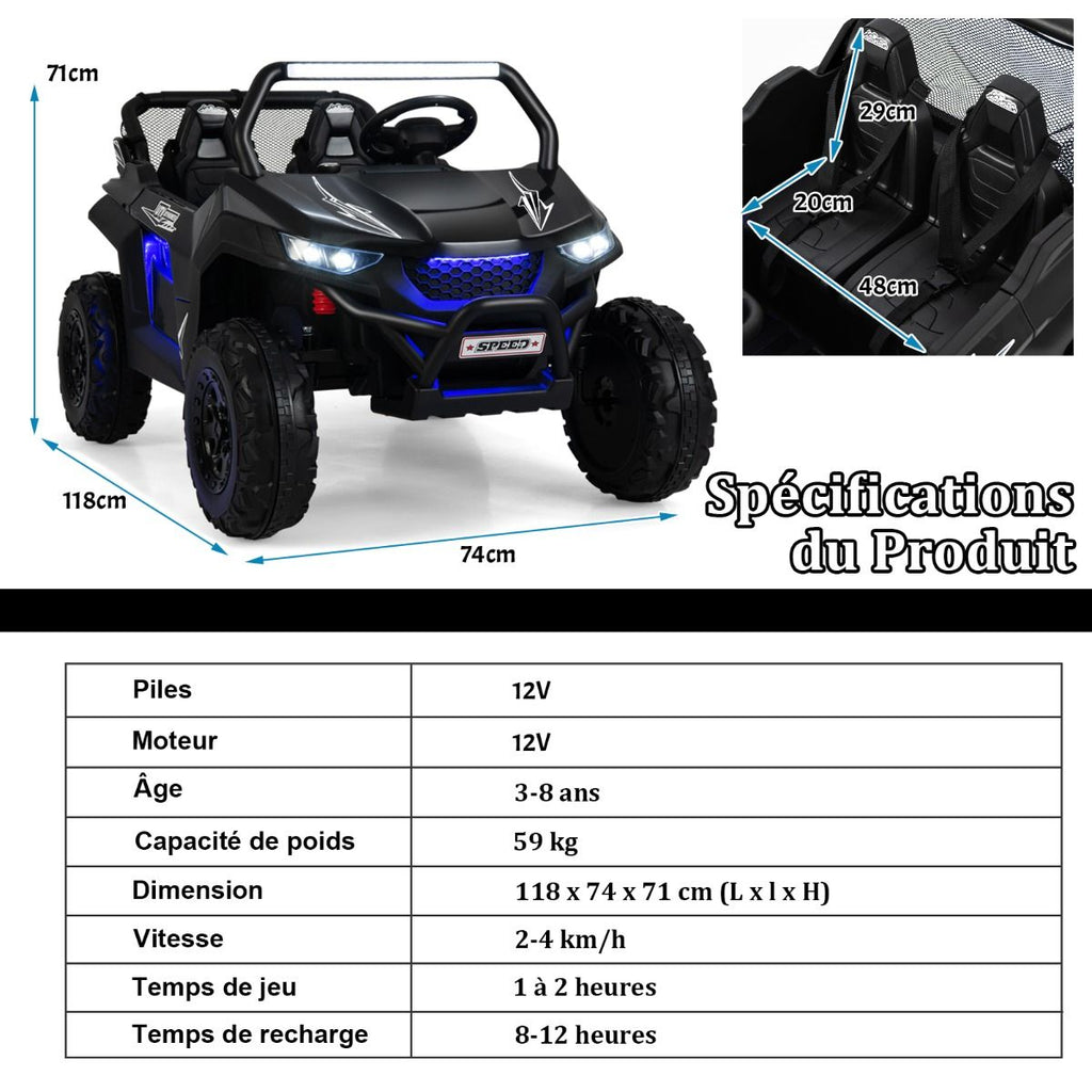 Voiture électrique Enfant 12 V Télécommande pour 3-8 Ans 2 Vitesses Ressort de Suspension Charge 59KG 118x74x71CM Noir/Rose/Rouge -