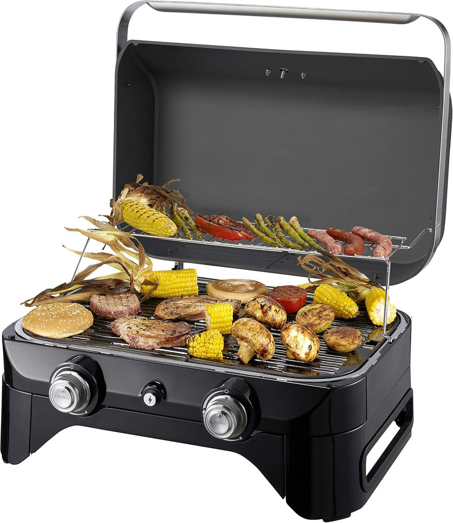 Attitude2go,Barbecue de Table  Faible fume,BBQ Portable, Couvercle,thermomtre,et Grille en Fonte,Alimentation : Cartouche de gaz CV 470 Plus,Gris