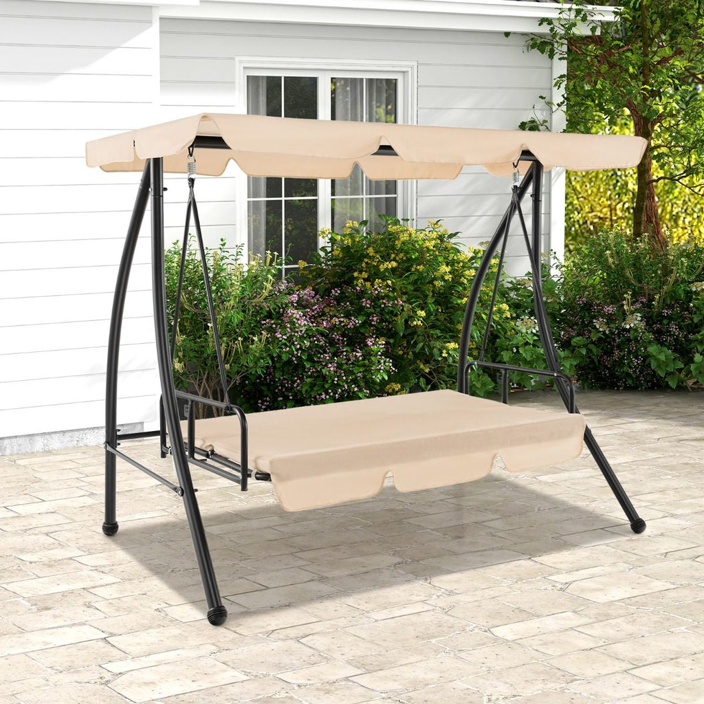 Balancelle d'Extérieur Convertible 2 Places avec Lit Plat Hamac de Terrasse avec Auvent Réglable et Coussin Amovible Pour Jardin -