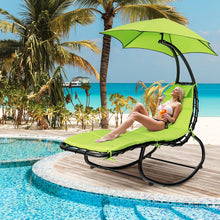 Load image into Gallery viewer, Bain de Soleil à Bascule Transat Suspendu avec Pare-Soleil &amp; Coussin Hamac Charge 150KG 184 cm x 147 cm x 187 cm Vert -