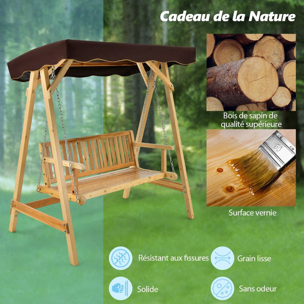 Balancelle de Jardin 2 Places en Bois avec Toit Inclinable Imperméable Chaîne Métallique Réglable Charge 240KG Cadre en A pour Jardin Véranda Cour -