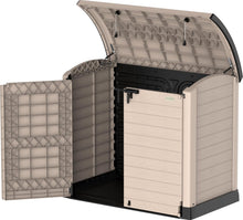 Load image into Gallery viewer, Duramax StoreAway 1200L Plastic Garden Shed/ Flat Lid,Outdoor Storage Shed,Wheelie Bin Hideaways,Wheelie bin box,Durable Construction,Ideal for Bikes,BBQs &amp; 2x 240L Bins,145x85x125 cm,Brown