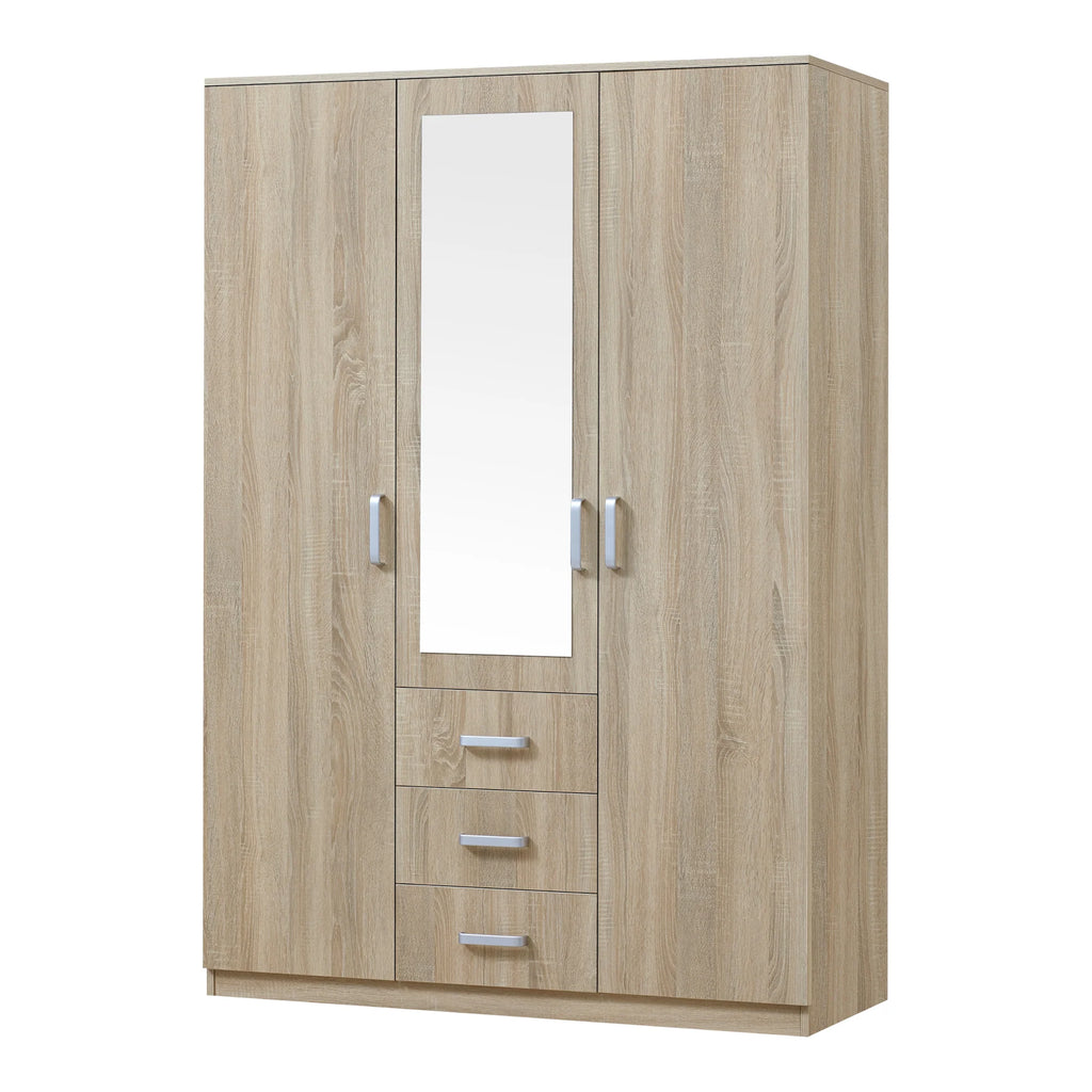 Armoire de chambre garde-robe moderne meuble de rangement intemporel 5 tagres 3 tiroirs + miroir MDF 176 x 120 x 52 cm effet ch锚ne sonoma 03_0006369