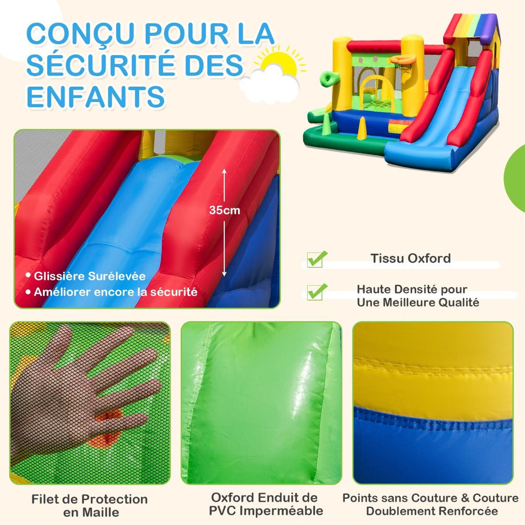 Ch芒teau Gonflable  Thme Arc-en-ciel 7 en 1 avec Ventilateur Double Toboggans Piscine  Balles Panier de Basket Charge 90kg -