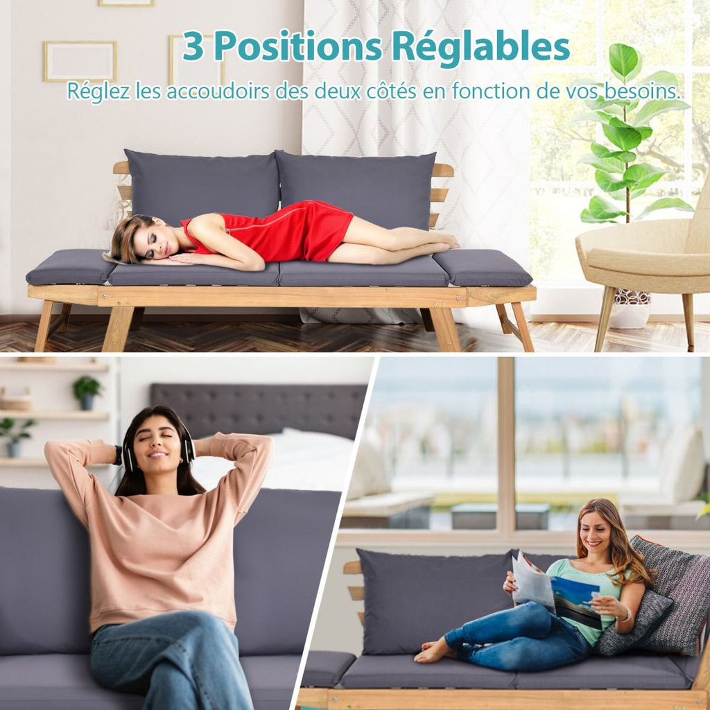 Chaise Longue Convertible avec Coussin Canapé de Jardin 2 en 1 en Bois d’Acacia avec Accoudoir Réglable pour Patio Piscine Jardin Blanc/Gris/Bleu/Rouge -