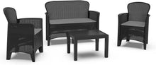 Load image into Gallery viewer, Dmora - Set salon d'extérieur Ostuni, Salon de jardin composé de 2 fauteuils, 1 canapé et 1 table basse, salon effet rotin avec coussins, 100% Made in Italy, Anthracite