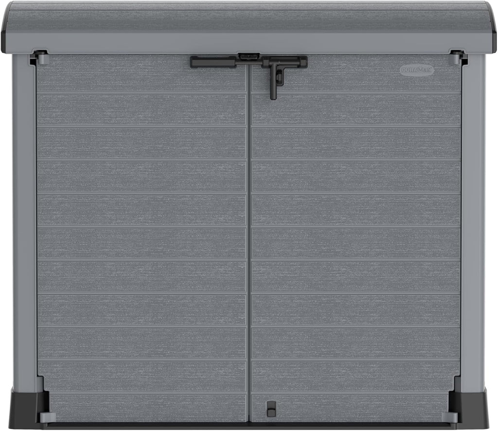 Duramax StoreAway 1200L Plastic Garden Shed/ Flat Lid,Outdoor Storage Shed,Wheelie Bin Hideaways,Wheelie bin box,Durable Construction,Ideal for Bikes,BBQs & 2x 240L Bins,145x85x125 cm,Brown