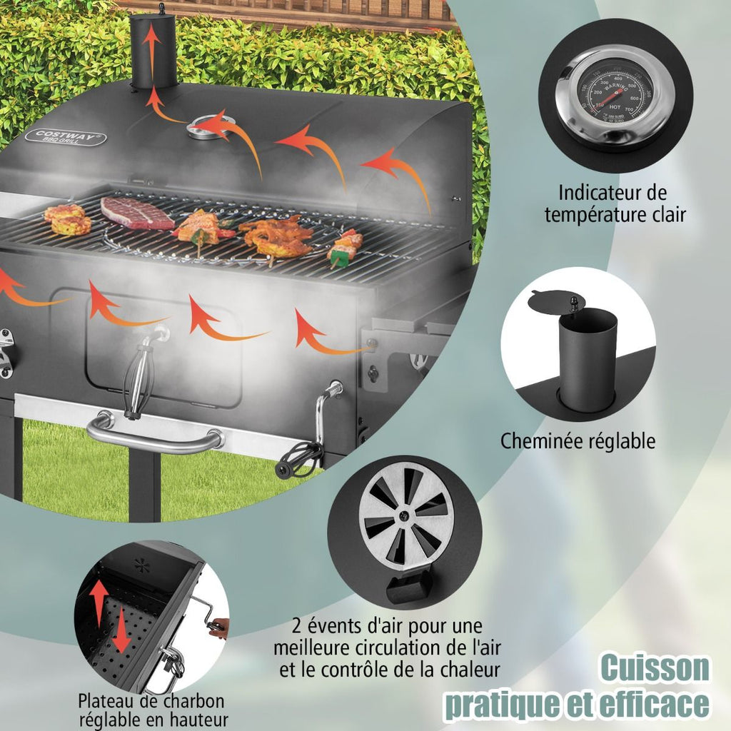 Barbecue  Charbon de Bois Portable avec 2 Tables d'Appoint Noir -