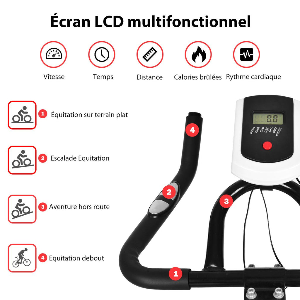 Vlo d'Exercice Intrieur avec Volant d'Inertie 8 KG Silencieux Bouilloire Porte-gobelet Ecran LCD Selle et Huidon Rglables -