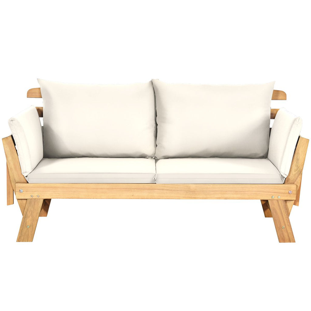 Chaise Longue Convertible avec Coussin Canapé de Jardin 2 en 1 en Bois d’Acacia avec Accoudoir Réglable pour Patio Piscine Jardin Blanc/Gris/Bleu/Rouge -