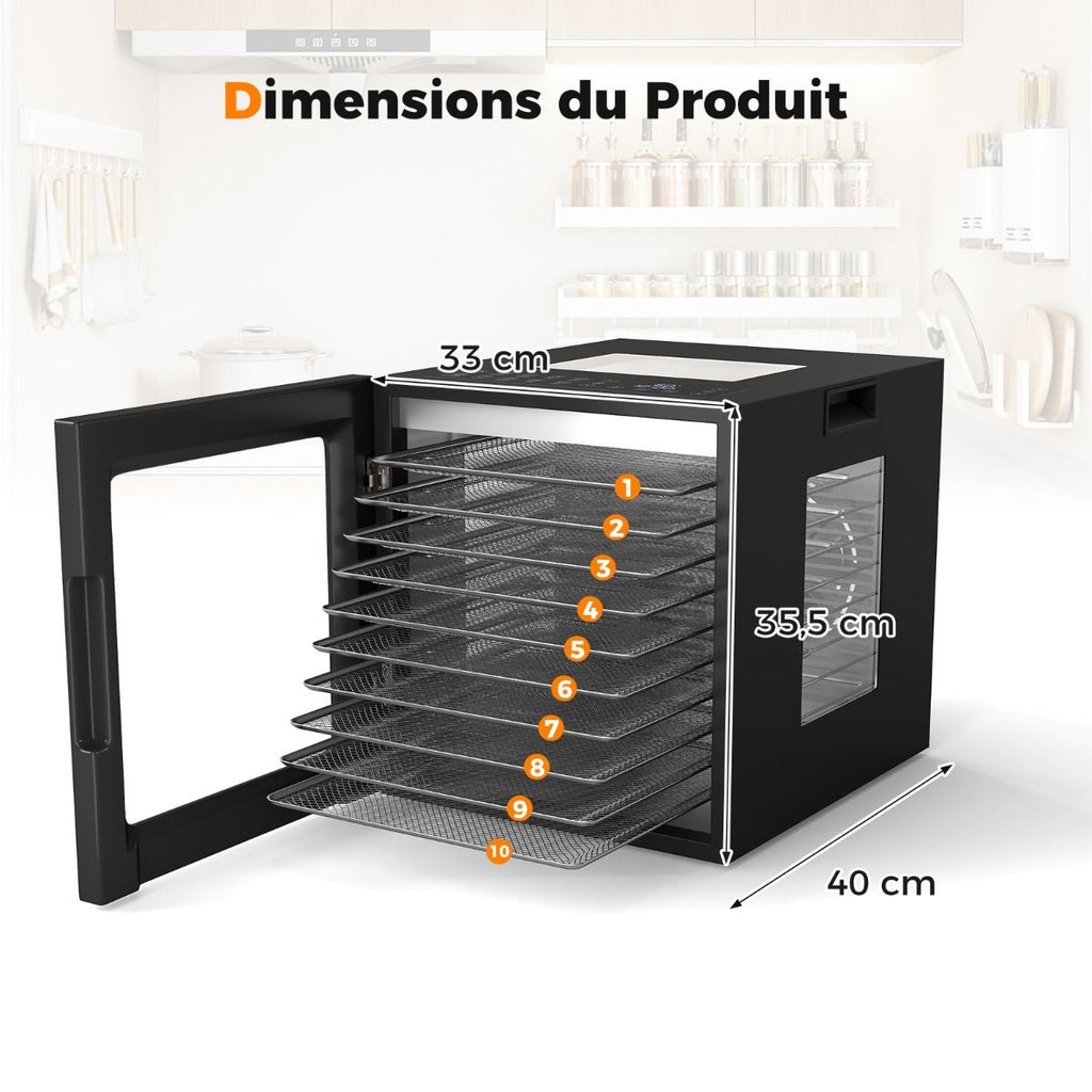 Déshydrateur Alimentaire Séchoir à 10 Plateaux en Acier Inoxydable avec 10 Programmes Préréglés Minuterie de 48H&Température de 30-75Noir -