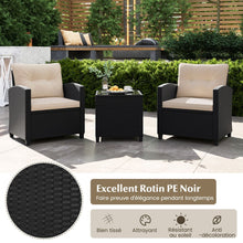 Load image into Gallery viewer, Ensemble de Meubles 3 Pices de Patio en Rotin Charge 180KG Salon de Jardin 2 Fauteuils Table Basse avec Plateau Noir/Beige/Blanc -