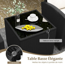 Load image into Gallery viewer, Ensemble de Meubles 3 Pices de Patio en Rotin Charge 180KG Salon de Jardin 2 Fauteuils Table Basse avec Plateau Noir/Beige/Blanc -