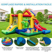 Load image into Gallery viewer, Château Gonflable à Thème Arc-en-ciel 7 en 1 avec Ventilateur Double Toboggans Piscine à Balles Panier de Basket Charge 90kg -