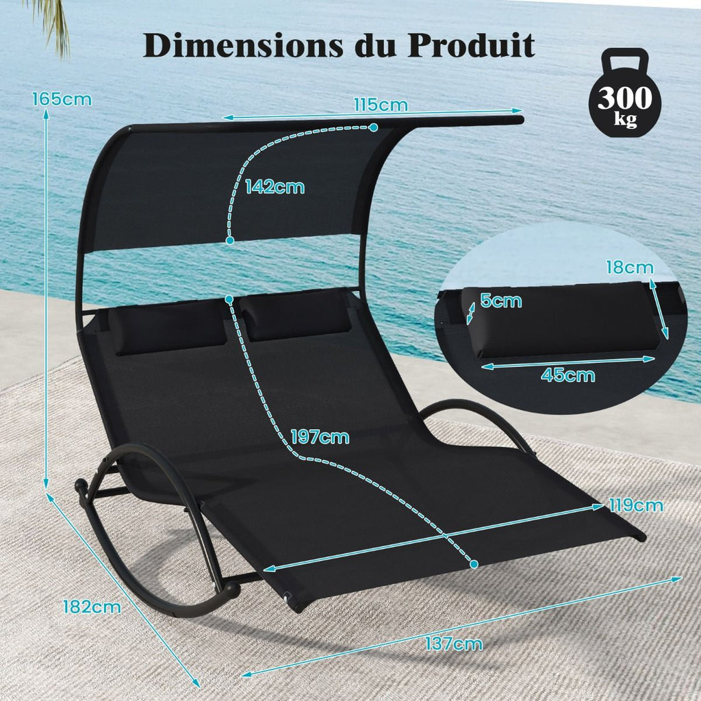 Chaise Longue Double Chaise à Bascule pour 2 Personnes 2 Appui-Têtes Amovibles Cadre en Métal Robuste Lit de Repos Ergonomique 2 Places Gris/Noir/Beige -