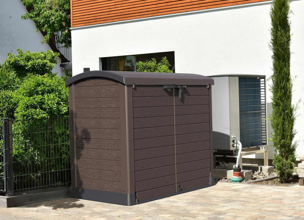 Duramax StoreAway 1200L Plastic Garden Shed/ Flat Lid,Outdoor Storage Shed,Wheelie Bin Hideaways,Wheelie bin box,Durable Construction,Ideal for Bikes,BBQs & 2x 240L Bins,145x85x125 cm,Brown