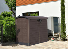 Load image into Gallery viewer, Duramax StoreAway 1200L Plastic Garden Shed/ Flat Lid,Outdoor Storage Shed,Wheelie Bin Hideaways,Wheelie bin box,Durable Construction,Ideal for Bikes,BBQs &amp; 2x 240L Bins,145x85x125 cm,Brown