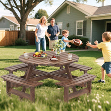 Load image into Gallery viewer, Ensemble Table de Pique-Nique en Bois pour 2  8 Personnes Set Table et Banc Circulaire avec 4 Bancs Intgrs Trou de Parasol de 5cm Marron/Jaune -