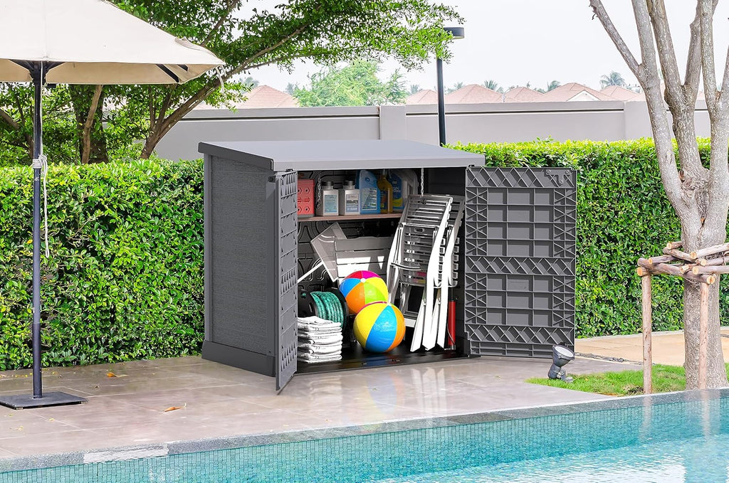 Duramax StoreAway 1200L Plastic Garden Shed/ Flat Lid,Outdoor Storage Shed,Wheelie Bin Hideaways,Wheelie bin box,Durable Construction,Ideal for Bikes,BBQs & 2x 240L Bins,145x85x125 cm,Brown