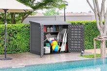 Load image into Gallery viewer, Duramax StoreAway 1200L Plastic Garden Shed/ Flat Lid,Outdoor Storage Shed,Wheelie Bin Hideaways,Wheelie bin box,Durable Construction,Ideal for Bikes,BBQs &amp; 2x 240L Bins,145x85x125 cm,Brown