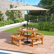 Load image into Gallery viewer, Ensemble Table de Pique-Nique en Bois pour 2 à 8 Personnes Set Table et Banc Circulaire avec 4 Bancs Intégrés Trou de Parasol de 5cm Marron/Jaune -