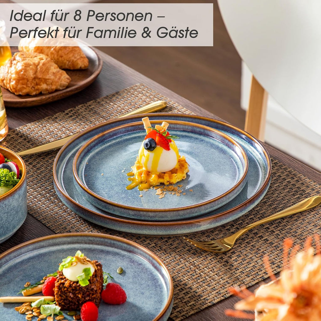 vancasso ONION Assiettes Service de Table 24 Pièces pour 8 Personnes, Service Complet en Grès - 8 Assiettes Plates, 8 Dessert et 8 Bols - Adapté au Micro-Ondes, Glaçure Gris Bleu