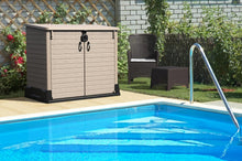Load image into Gallery viewer, Duramax StoreAway 1200L Plastic Garden Shed/ Flat Lid,Outdoor Storage Shed,Wheelie Bin Hideaways,Wheelie bin box,Durable Construction,Ideal for Bikes,BBQs &amp; 2x 240L Bins,145x85x125 cm,Brown