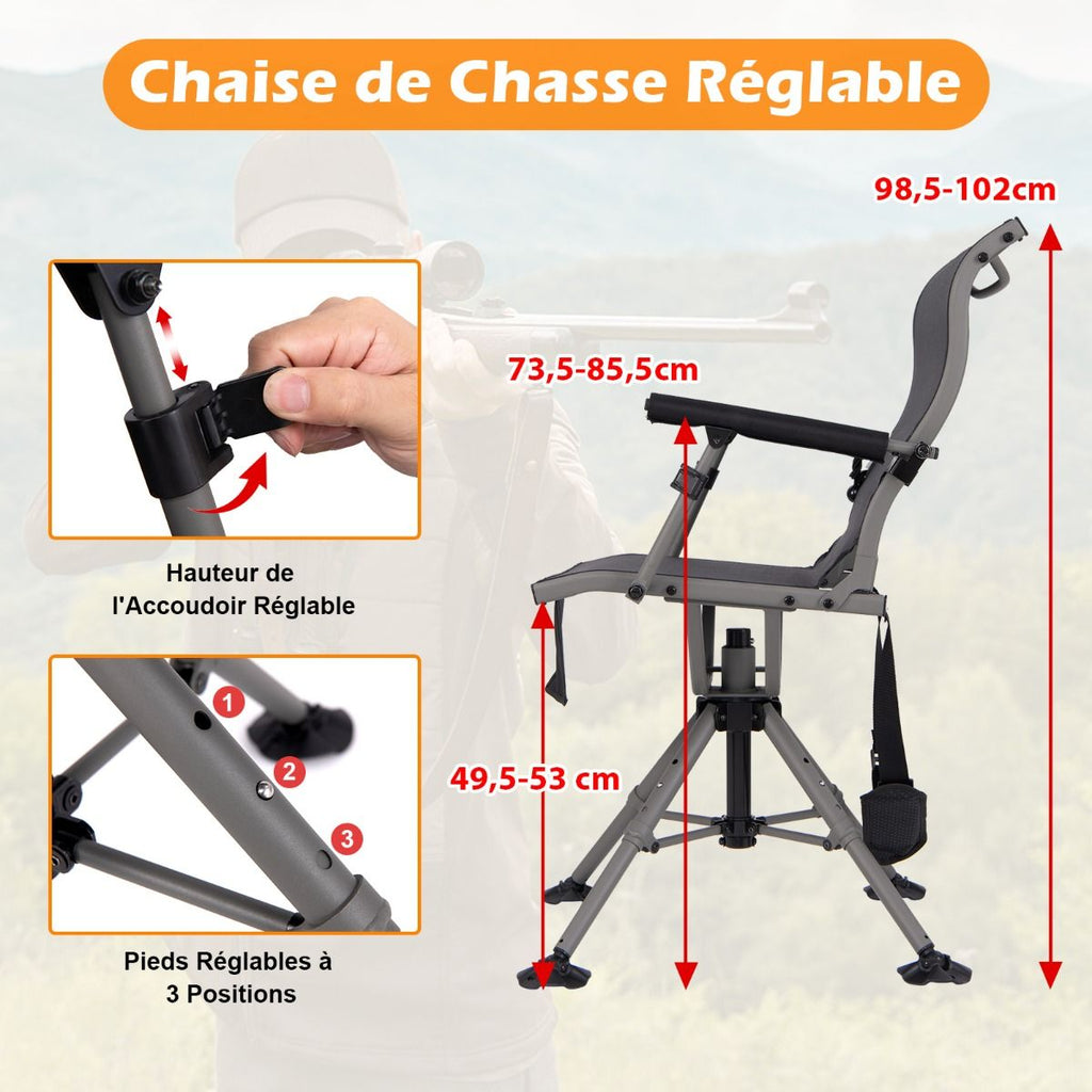 Chaise de Chasse Portable Chaise de Tir avec Siège de Pliable Réglables Rotation à 360° Support de Fusil Réglable Charge 150 kg Noir -