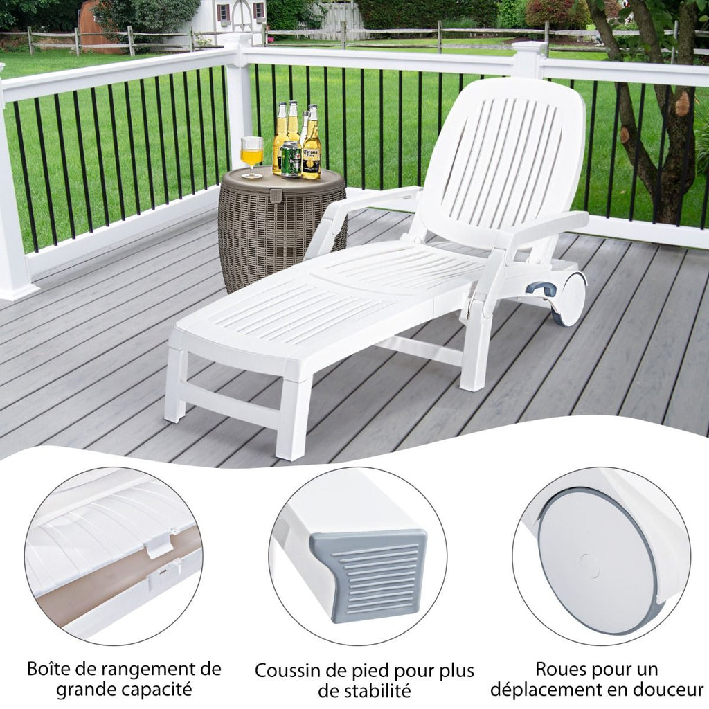 Chaise Longue Inclinable Réglable à 5 Positions avec Roues Flexibles Fauteuil Relax de Camping avec Boîte de Rangement Charge 150KG Blanc -