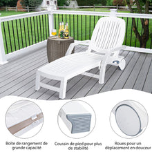 Load image into Gallery viewer, Chaise Longue Inclinable Réglable à 5 Positions avec Roues Flexibles Fauteuil Relax de Camping avec Boîte de Rangement Charge 150KG Blanc -