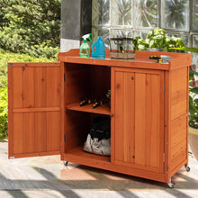 Load image into Gallery viewer, Costwy Rangement de Jardin Armoire en Bois Table de Jardinage avec Etagère Amovible 4 Roues Universelles Plateau en Acier Galvanisé -