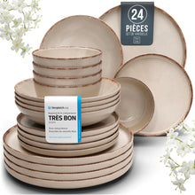 Load image into Gallery viewer, Ensemble Vaisselle en Grès 6 Personnes Rustique 24 pièces - Service de Table Rustique, Lavable au Lave-Vaisselle - Ensemble de Bols et Assiettes - Vaisselle de Table Pure Living en beige
