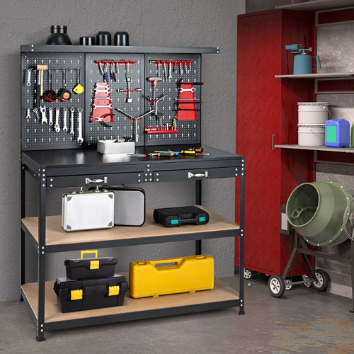 Établi Atelier Garage avec Étagères et Tiroirs Panneaux Perforés Table de Travail Cadre en Métal avec 25 Porte-outils 121 x 61 x 156 cm Noir -