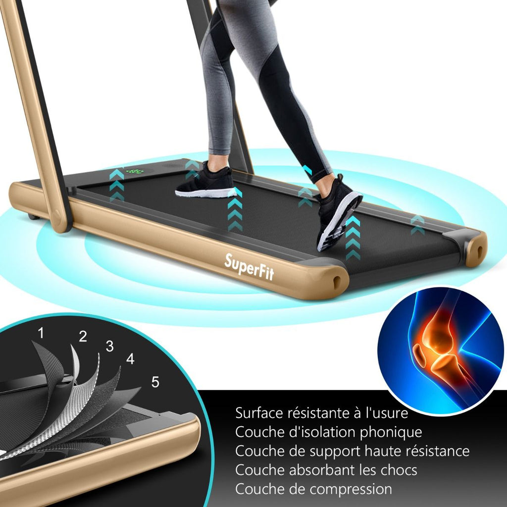 2 en 1 Tapis de Course Electrique Pliable 1 à 12 Km/H avec Haut-parleur Bluetooth Télécommande Moteur 0,75HP Vert/Blanc/Noir/Rouge/Or/Noir et Argenté/Bleu -