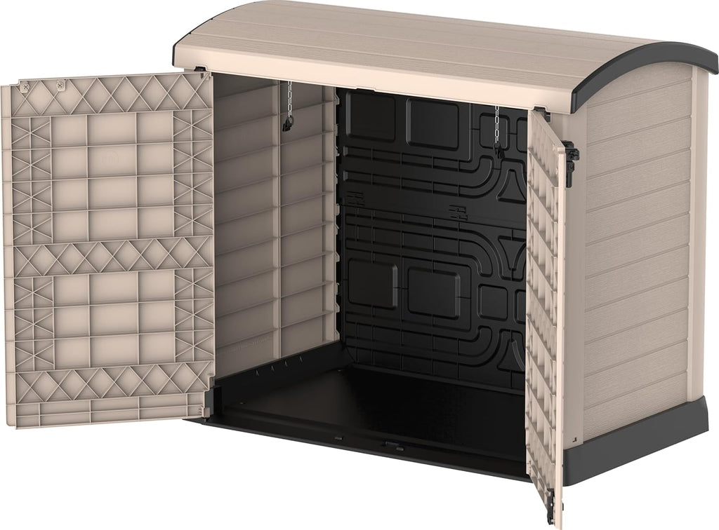 Duramax StoreAway 1200L Plastic Garden Shed/ Flat Lid,Outdoor Storage Shed,Wheelie Bin Hideaways,Wheelie bin box,Durable Construction,Ideal for Bikes,BBQs & 2x 240L Bins,145x85x125 cm,Brown