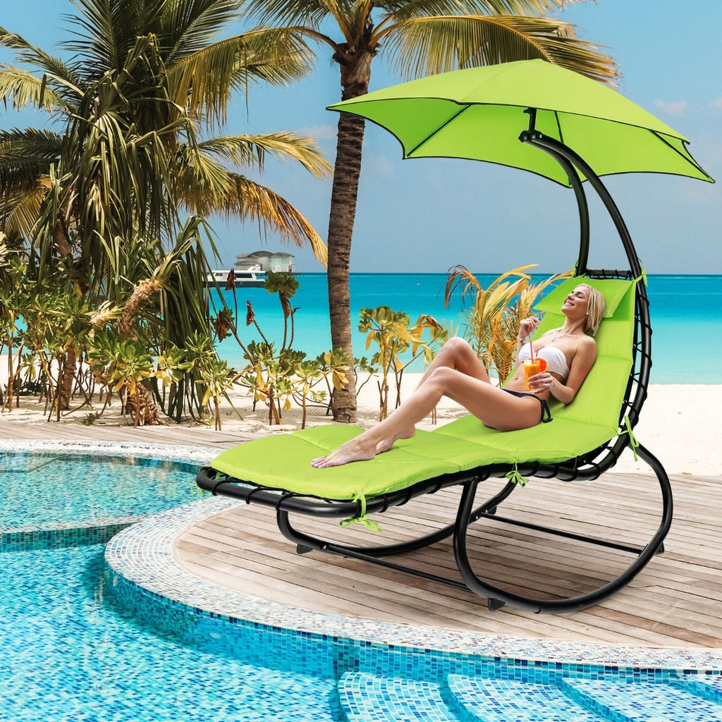 Bain de Soleil  Bascule Transat Suspendu avec Pare-Soleil & Coussin Hamac Charge 150KG 184 cm x 147 cm x 187 cm Vert -