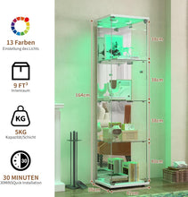 Load image into Gallery viewer, BPKADHY Vitrine sur pied en verre à 4 couches - 1 porte - Lampe LED et serrure avec paroi arrière miroir - Armoire de salon pour objets de collection et livres - Blanc