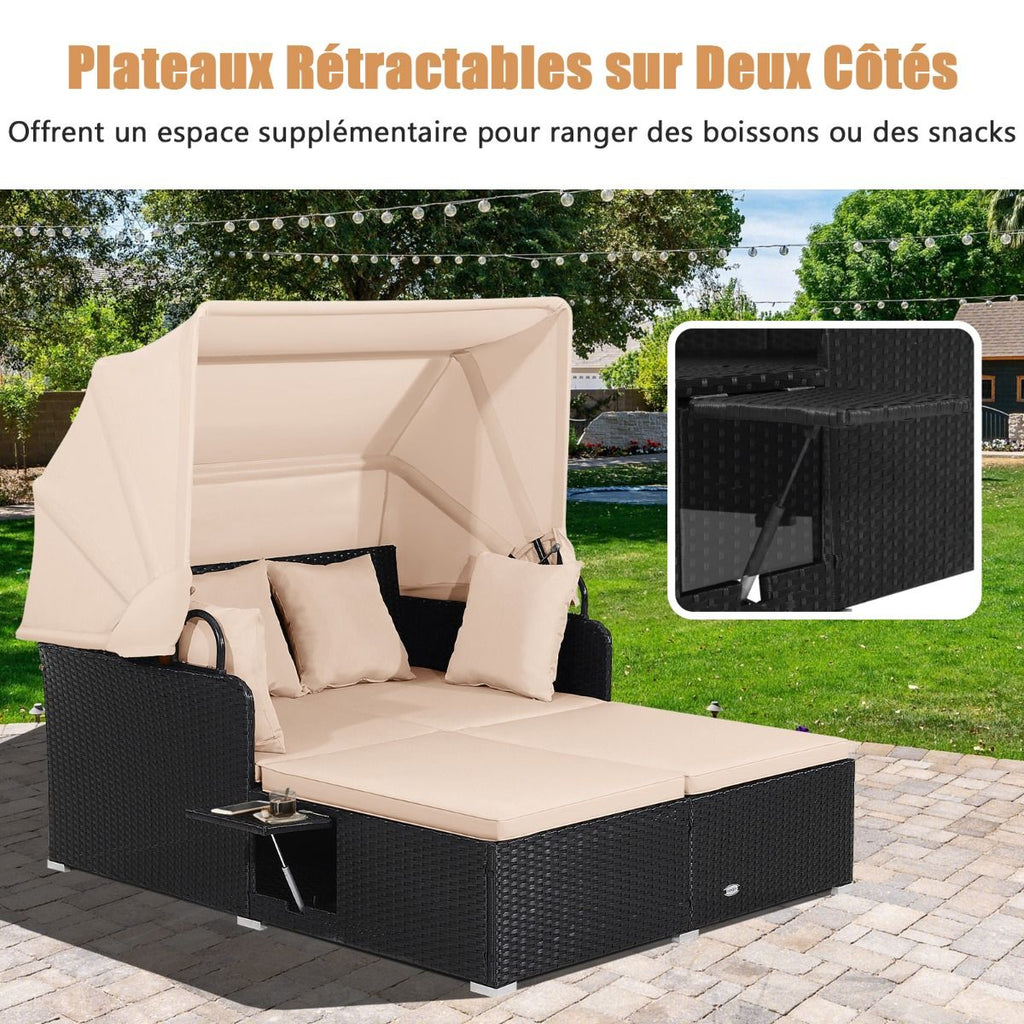 Chaise Longue à 2 Places en Rotin avec Auvent Rétractable Bain de Soleil avec Panneaux Latéraux Pliables Charge 360KG Beige/Gris -